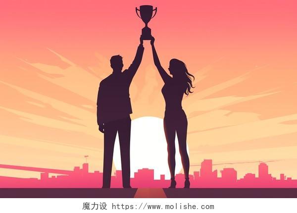 男人和女人举着奖杯卡通AI插画